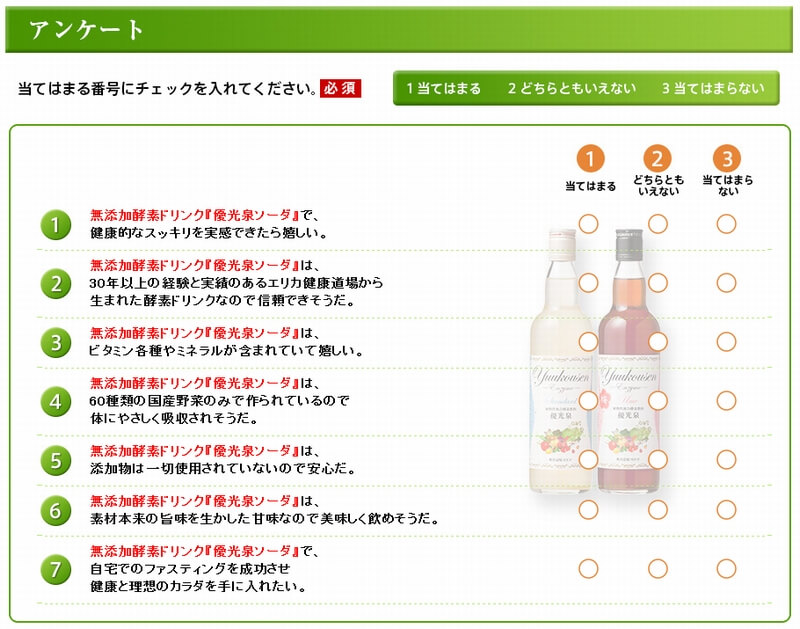 優光泉ソーダ500円モニターアンケートの内容